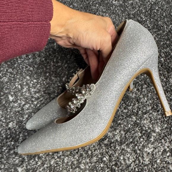 BCBGeneration Silver Glitter Heels with Rhinestone Strap - Picture 4 of 5